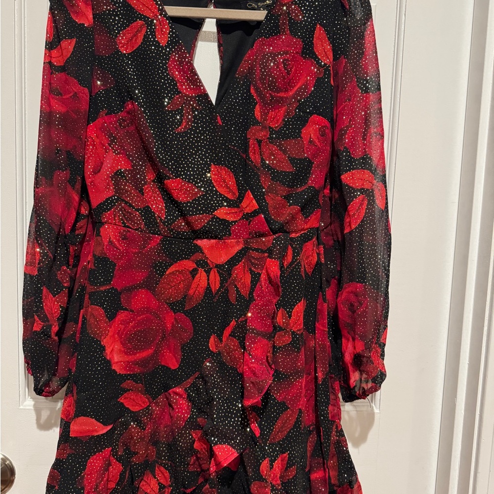 City Studio Black and Red Floral Long Sleeve Dress